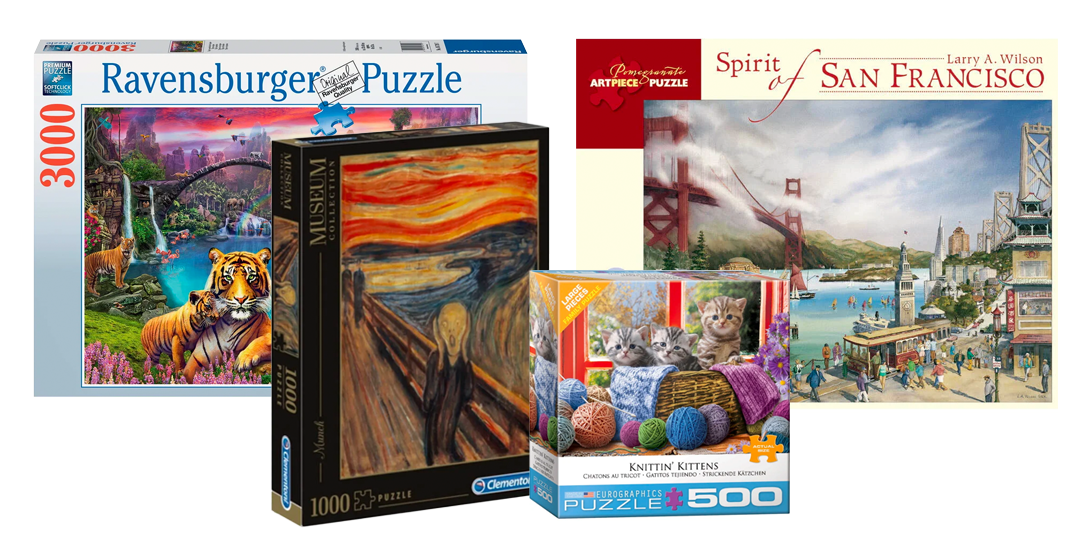 Puzzles from Ravensburger, Pomegranate, Clementoni, and Eurographics